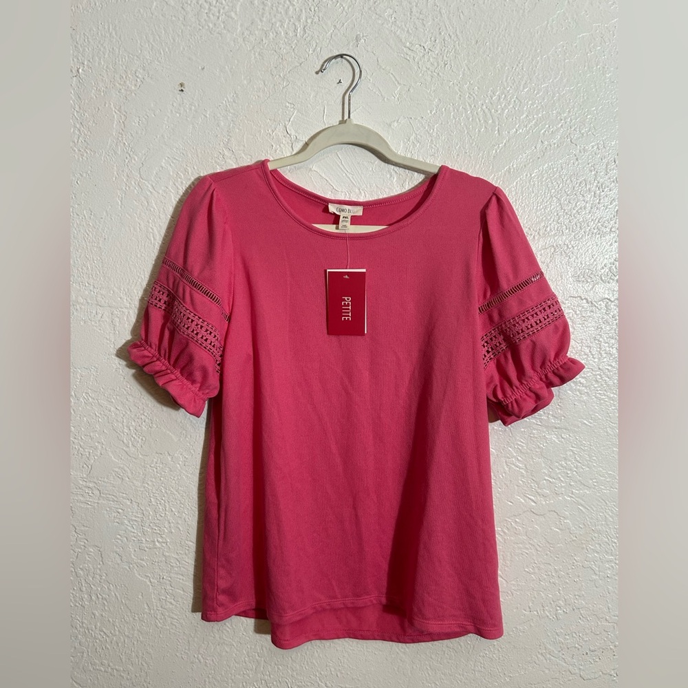 NEW Como Blu Petite Puff Sleeve Knit Top | Size PXL | Hot Pink Lace Detail